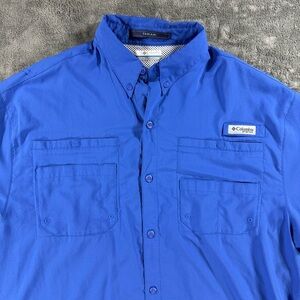 Columbia PFG Tamiami Button Down 2 Pocket Collared Fishing Outdoors LT Blue